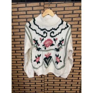 Jamie Scott Knitted By Hand Cream Floral Sweater Size Medium
